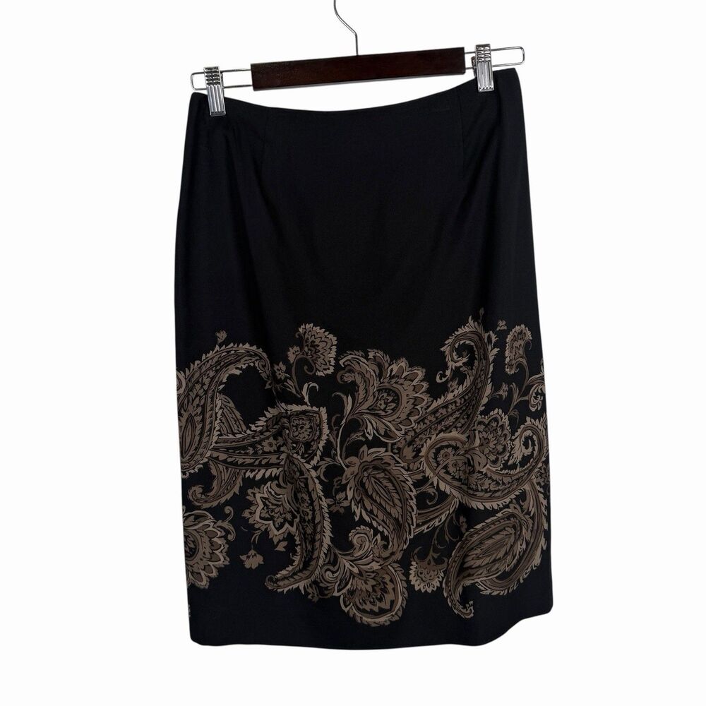 VTG Talbots Collection Wool Silk Skirt 8 Black Gold Paisley Pencil Midi 80s 90s
